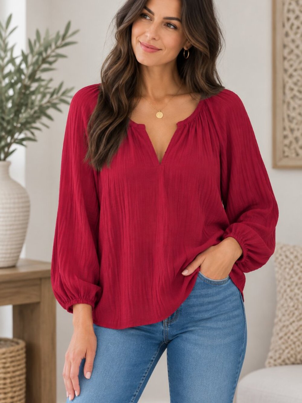 178. L/S Raglann Blouse W/ Front Plackt